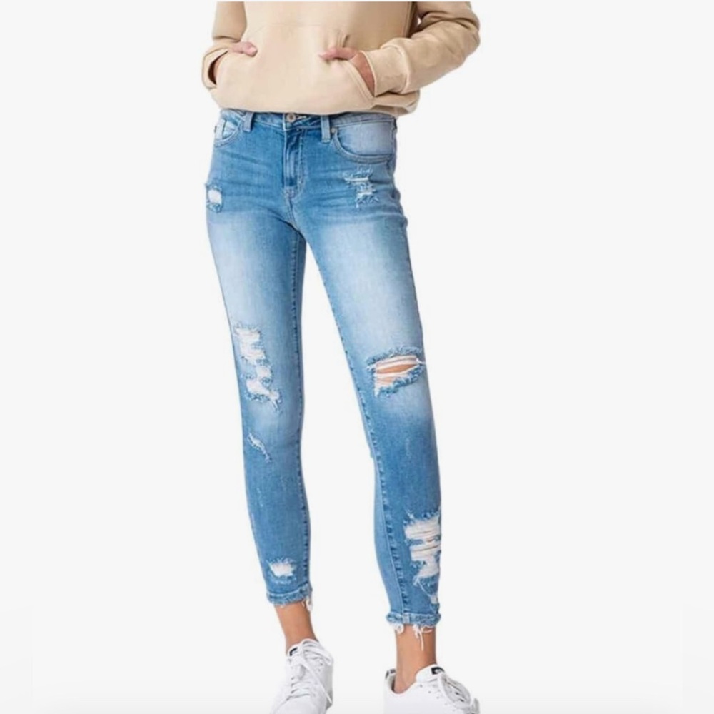 KanCan High Rise Open Ripped Cuff Hem Straight Ankle Distressed Denim Jeans